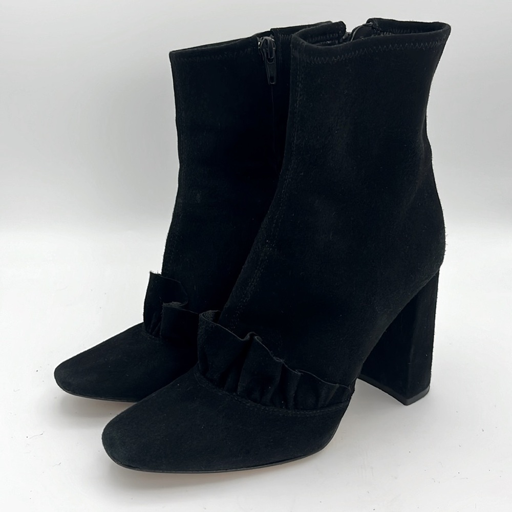 ZARA - women’s black suede ankle heeled booties ruffle detail side zipper 37/6.5